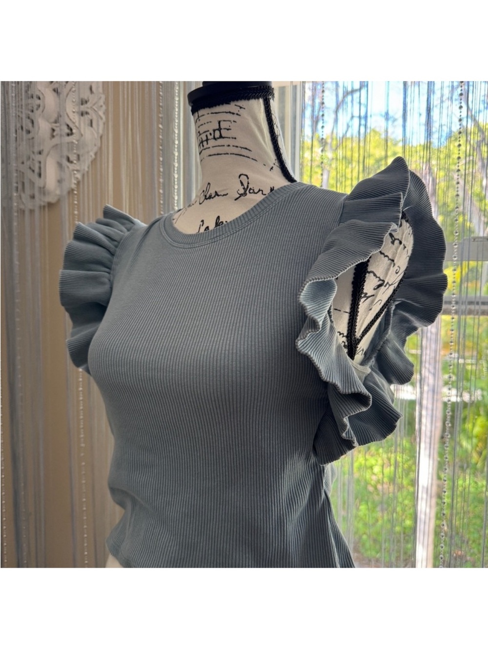 Zara Light Blue Ribbed Ruffle Sleeve Crop Top - Picture 4 of 6